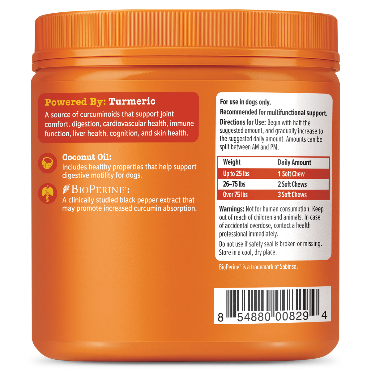 Orange container of turmeric curcumin soft chews for dogs with ingredient and dosage information on label.