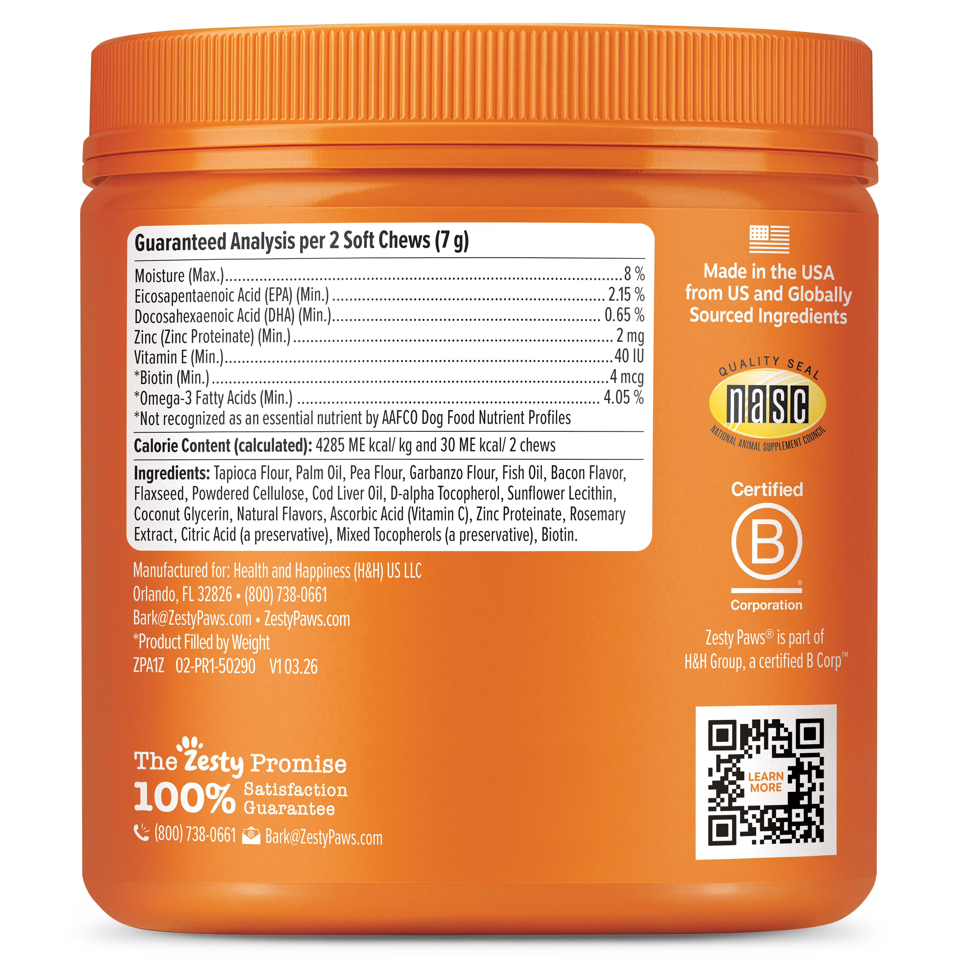 Orange jar of dog soft chew treats with nutrition label, ingredients list, and certification badges on container.