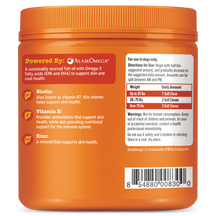 Orange plastic jar with white label containing dog supplement information and ingredient details.