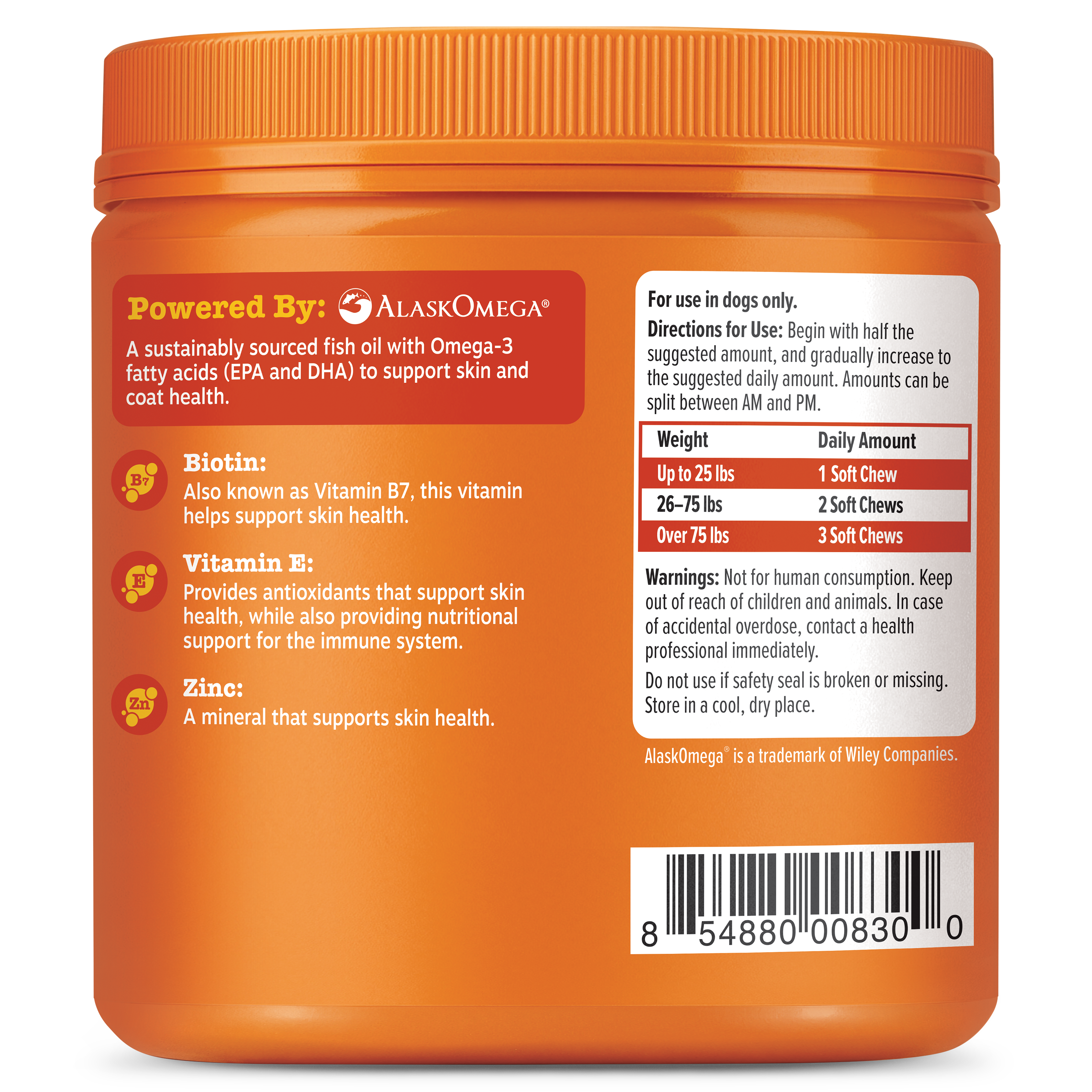 Orange plastic jar with white label containing dog supplement information and ingredient details.