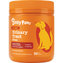 Orange Zesty Paws container with orange screw cap containing 90 soft chews for dog urinary tract support.