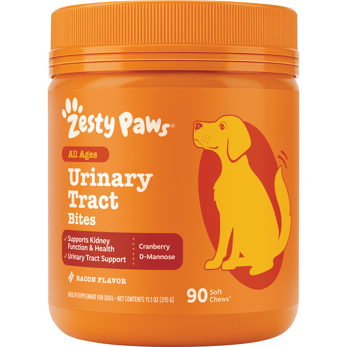 Orange Zesty Paws container with orange screw cap containing 90 soft chews for dog urinary tract support.