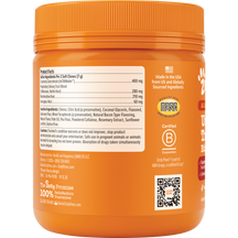 Orange plastic jar with ridged cap containing dog treat chews, displaying product facts label and ingredient information on f