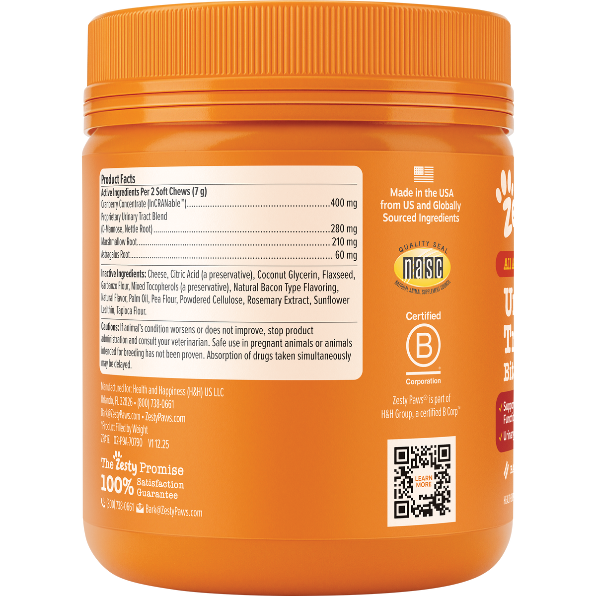Orange plastic jar with ridged cap containing dog treat chews, displaying product facts label and ingredient information on f