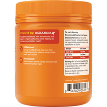 Orange plastic jar with orange ribbed cap containing dog urinary tract support chews, labeled with ingredients and dosage inf