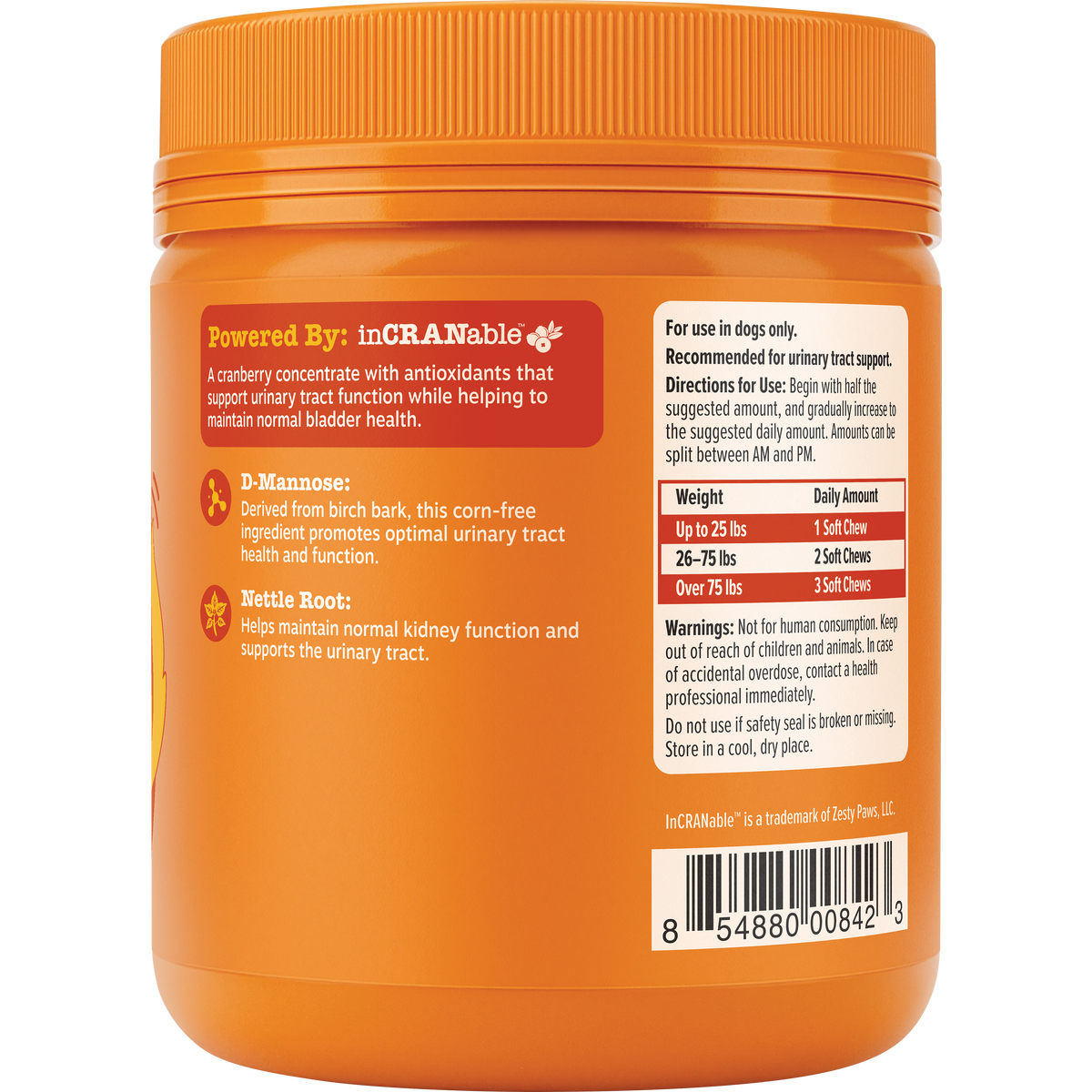 Orange plastic jar with orange ribbed cap containing dog urinary tract support chews, labeled with ingredients and dosage inf