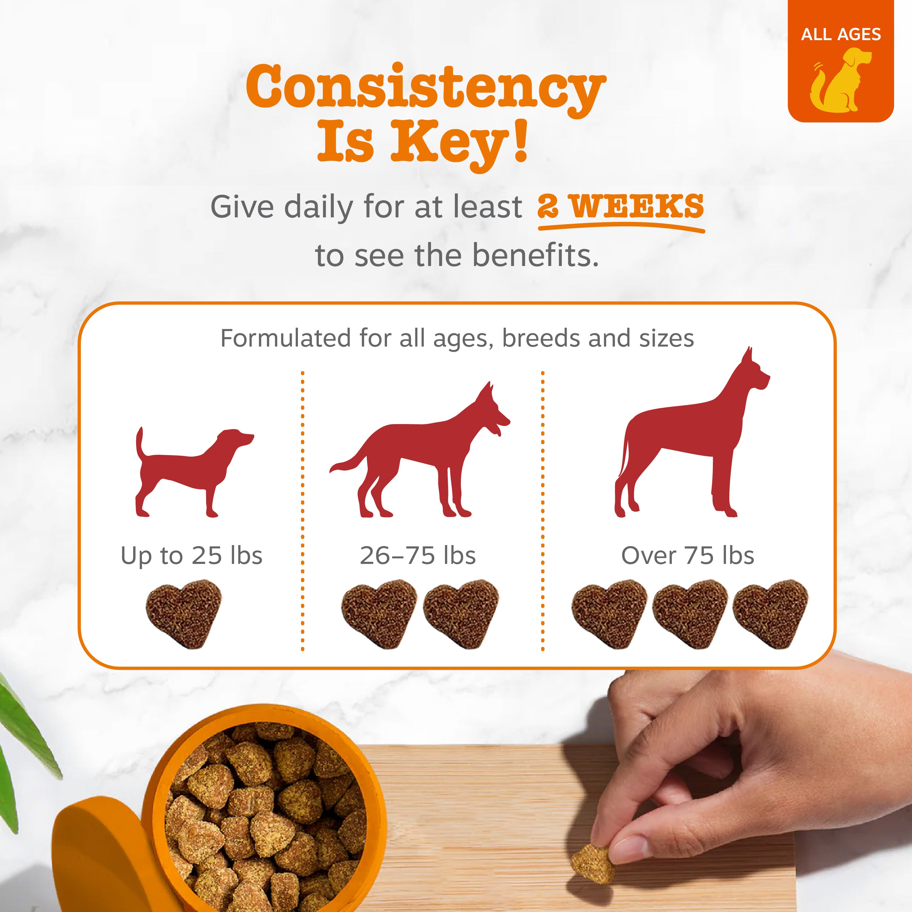 Chart showing daily dosage guidelines for dog treats by weight category, with heart-shaped treats and an orange bowl of treat