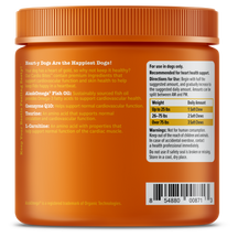 Orange plastic jar with ridged cap containing dog supplement chews, displaying ingredient list and dosage instructions on lab
