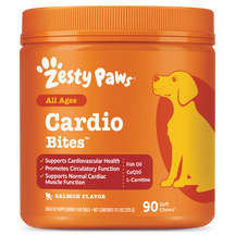 Orange Zesty Paws Cardio Bites jar with yellow dog illustration, 90 soft chews, salmon flavor dog supplement.
