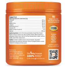 Orange jar of Cardio Bites dog chews with product facts label, ingredient list, and certification badges visible on container