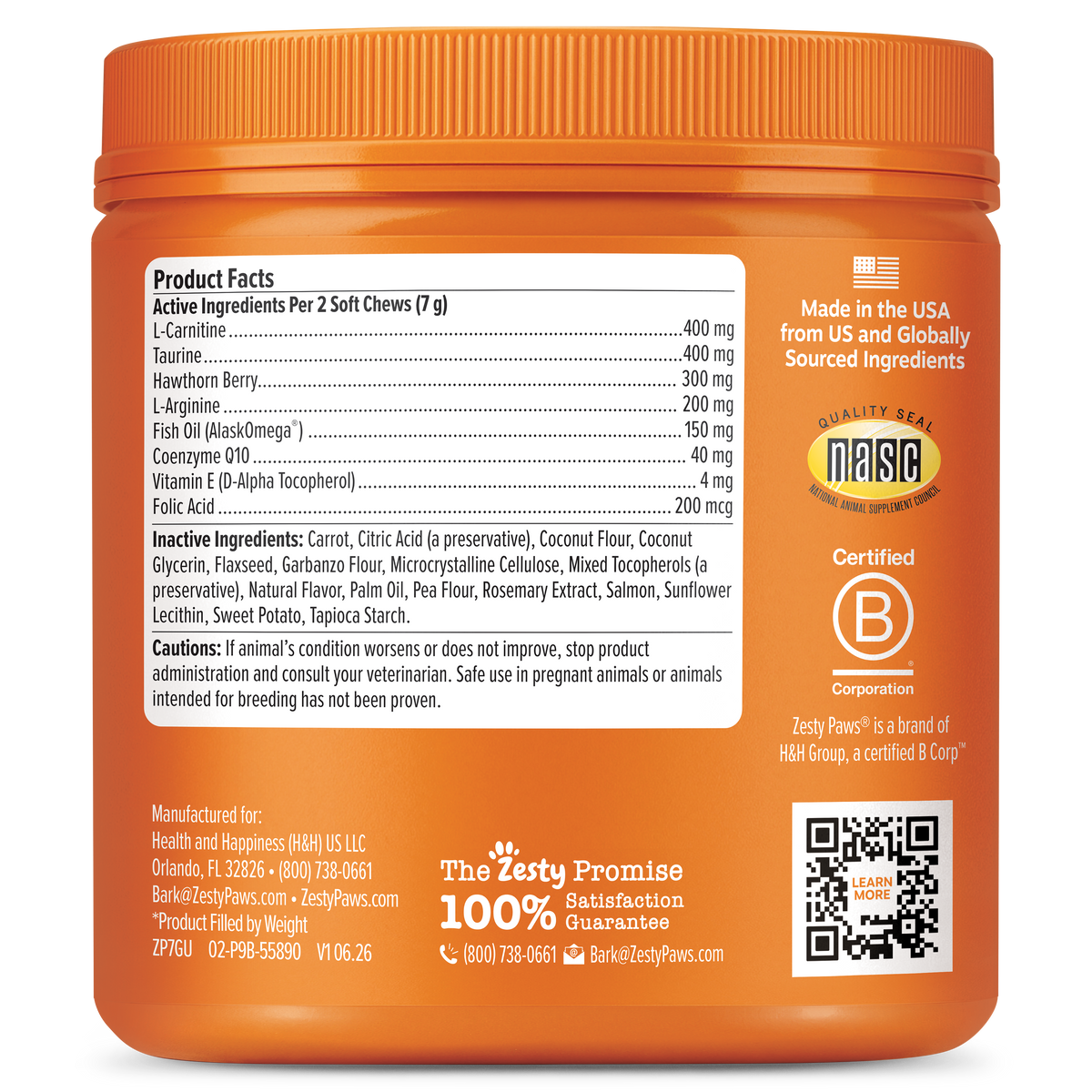 Orange jar of Cardio Bites dog chews with product facts label, ingredient list, and certification badges visible on container
