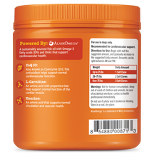 Orange plastic jar of Cardio Bites dog supplement with ribbed cap, product information, and dosage chart on label.