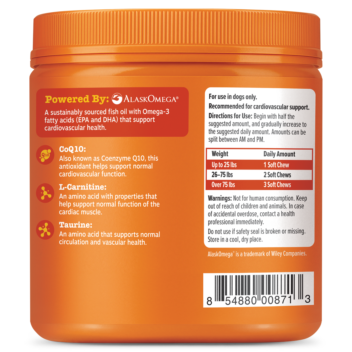 Orange plastic jar of Cardio Bites dog supplement with ribbed cap, product information, and dosage chart on label.