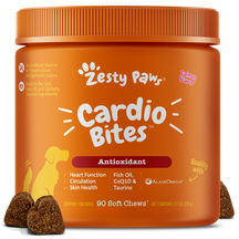 Orange jar of Zesty Paws Cardio Bites dog supplements with salmon flavor, containing 90 soft chews and brown bite-sized chews