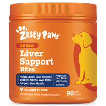 Orange plastic container of Zesty Paws Liver Support Bites with yellow dog illustration and product information label.