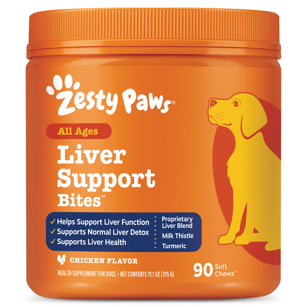Orange plastic container of Zesty Paws Liver Support Bites with yellow dog illustration and product information label.