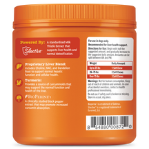 Orange bottle of dog liver support soft chew treats with ingredient and dosage information on label.