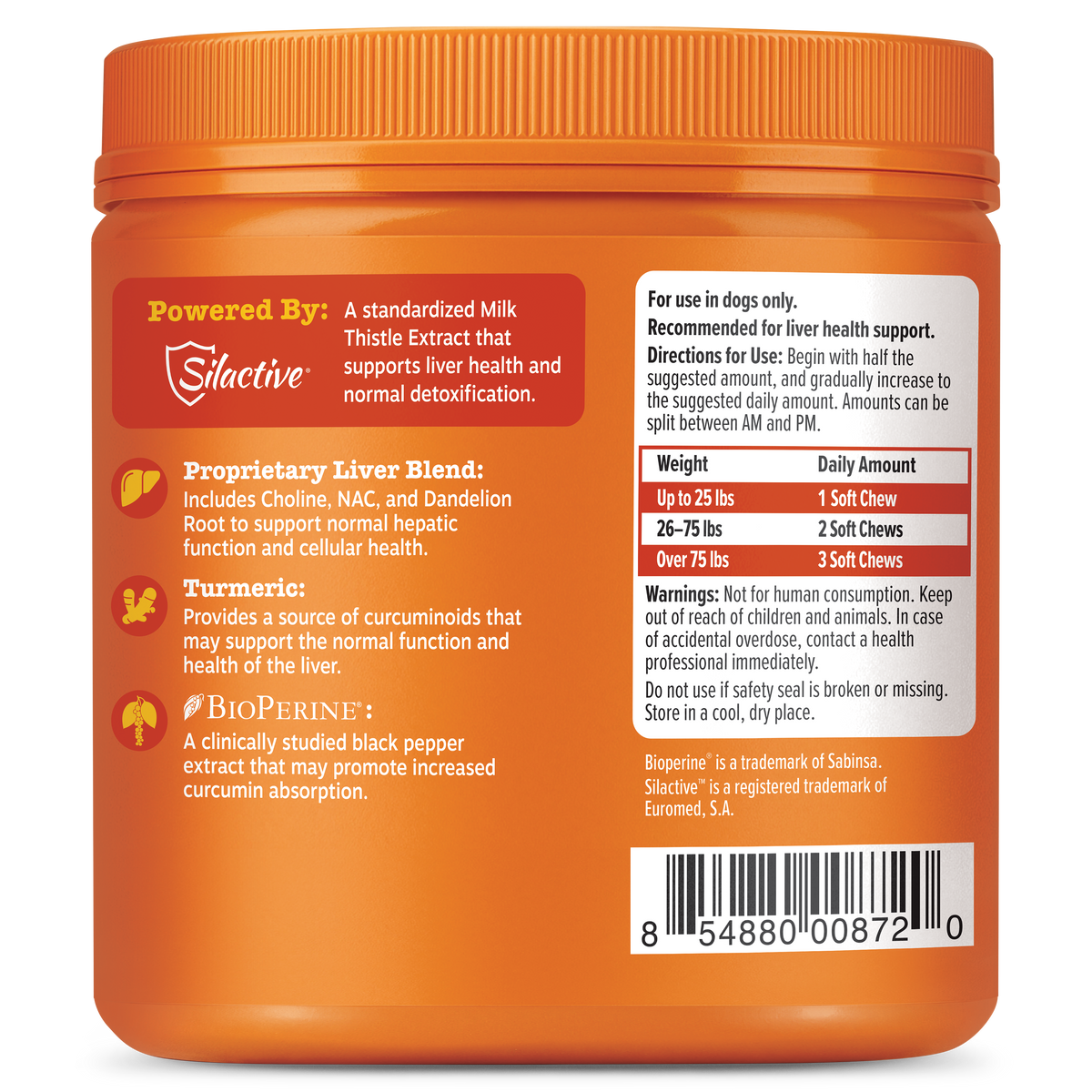Orange bottle of dog liver support soft chew treats with ingredient and dosage information on label.