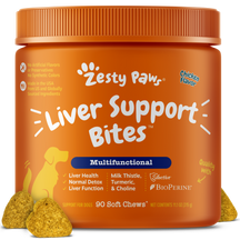 Orange jar with orange ridged lid containing yellow-green soft chew treats, labeled "Liver Support Bites" with chicken flavor