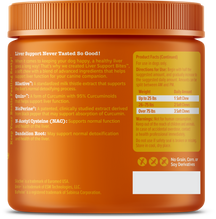 Orange plastic jar with ribbed lid containing dog liver support supplement with white text listing ingredients and yellow pro