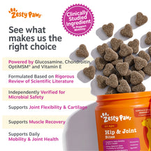 Zesty Paws Hip & Joint Bites dog treats in heart shapes spilling from orange bottle with product information.