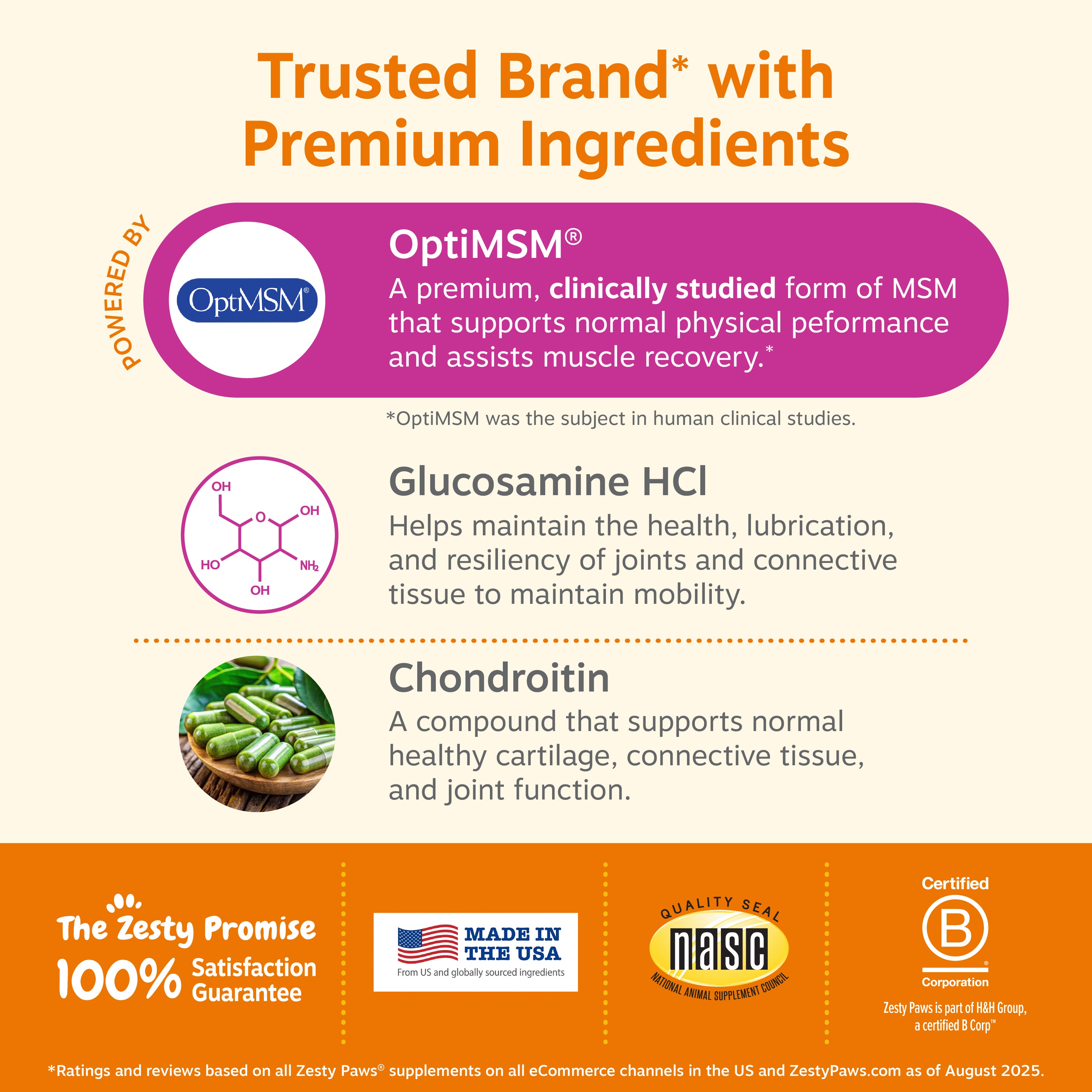 Dog hip and joint supplement bites with OptiMSM, glucosamine HCI, and chondroitin ingredients displayed with informational te
