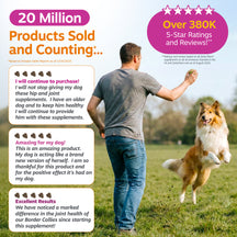 Man playing fetch with brown and white dog in grassy field, with product sales claims and customer reviews displayed.