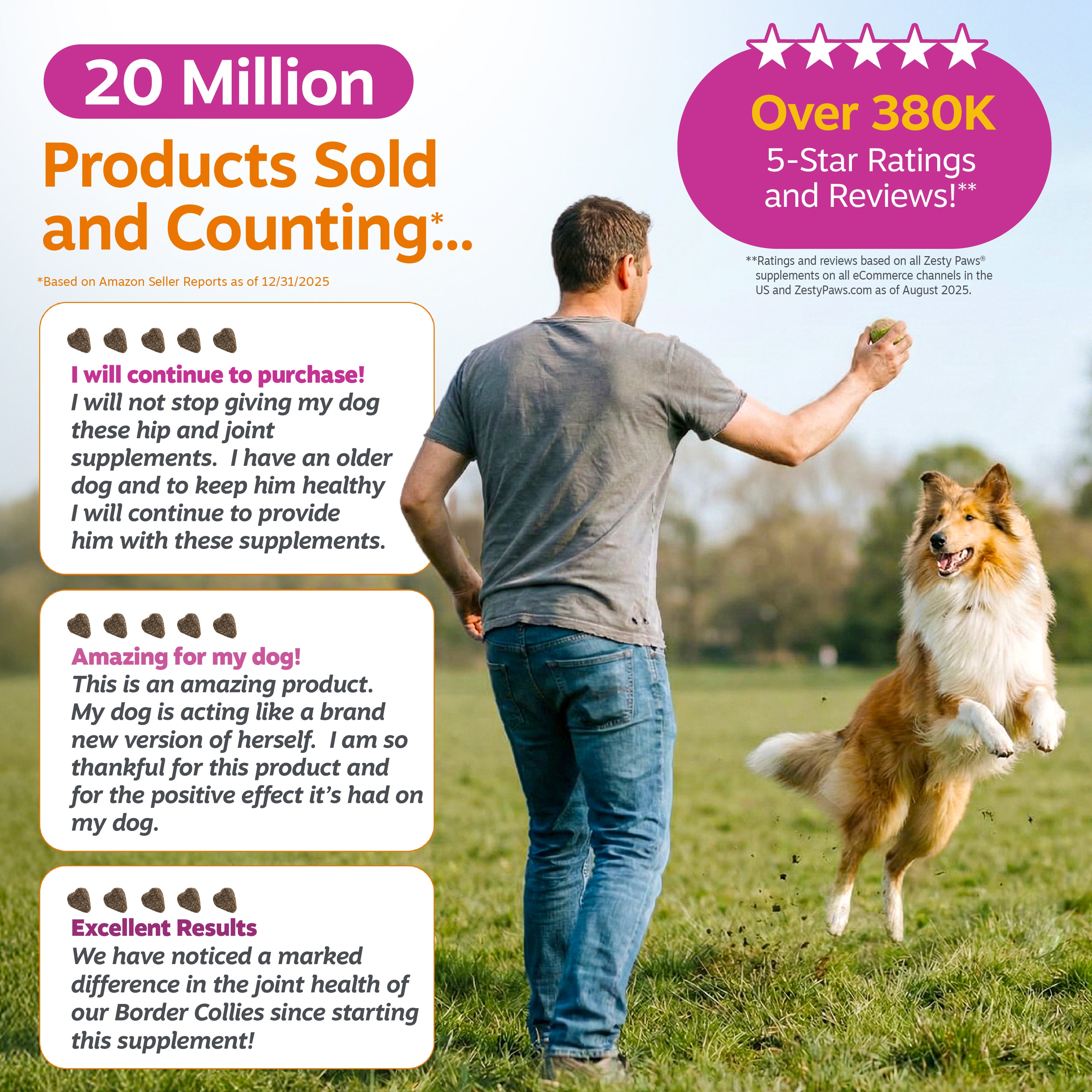 Man playing fetch with brown and white dog in grassy field, with product sales claims and customer reviews displayed.