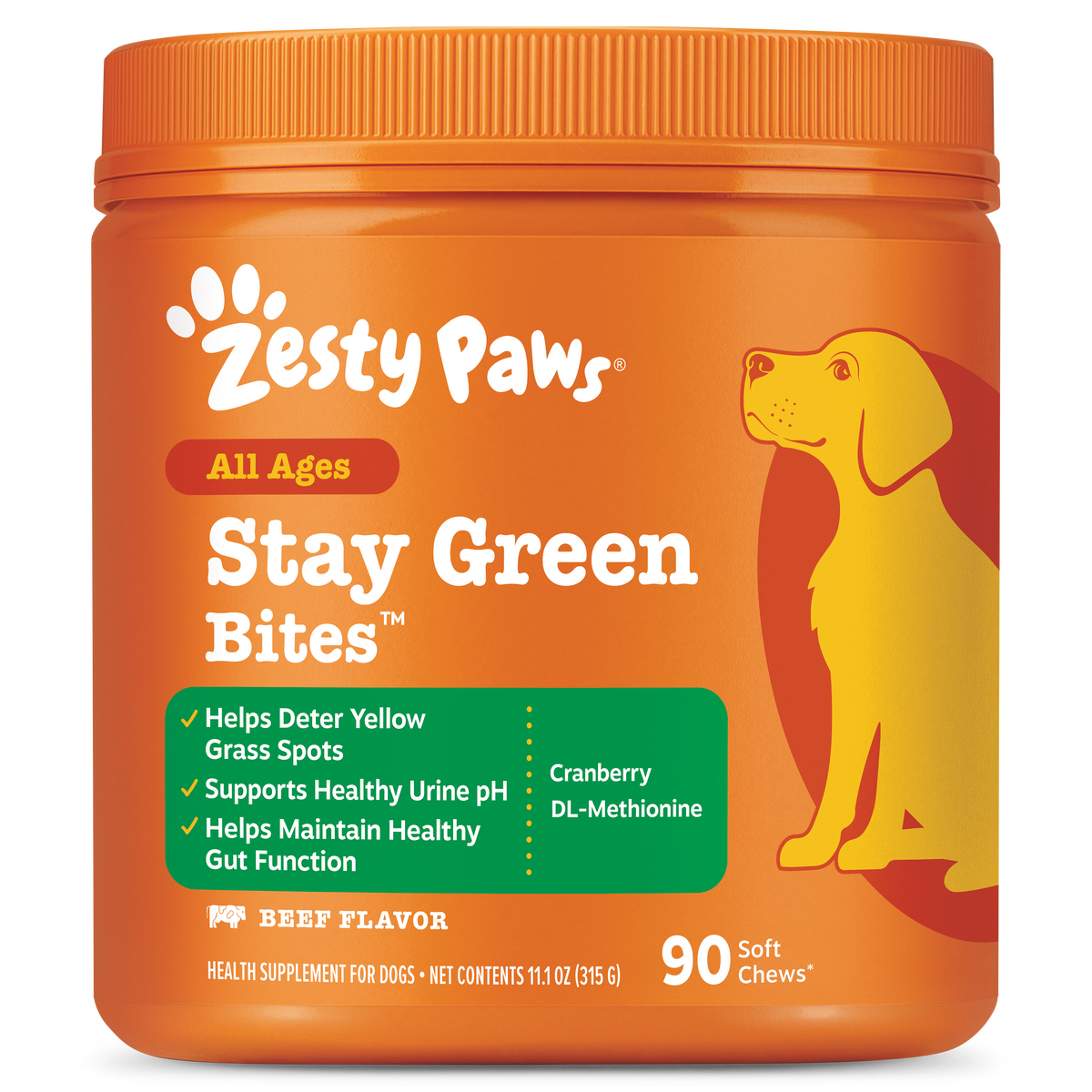 Orange jar of Zesty Paws Stay Green Bites dog treats with yellow dog illustration and green benefit panel listing cranberry a