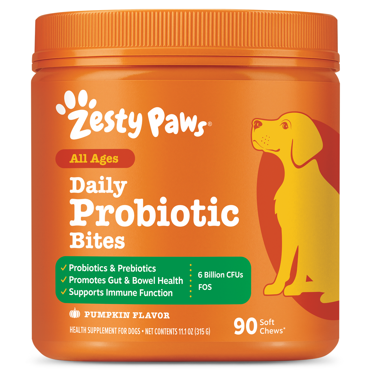 Orange jar of Zesty Paws Daily Probiotic Bites with yellow dog illustration, pumpkin flavor, 90 soft chews.