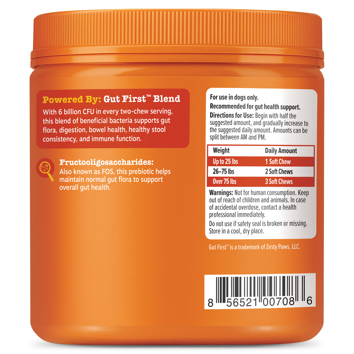 Orange plastic container of probiotic dog chews with red and white label containing usage and ingredient information.