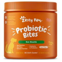 Zesty Paw orange jar of probiotic bites for dogs with pumpkin flavor, 90 soft chews, 11.1 oz.