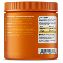 Orange jar with ribbed cap containing dog supplement chews, labeled with turmeric curcumin information and dosage instruction