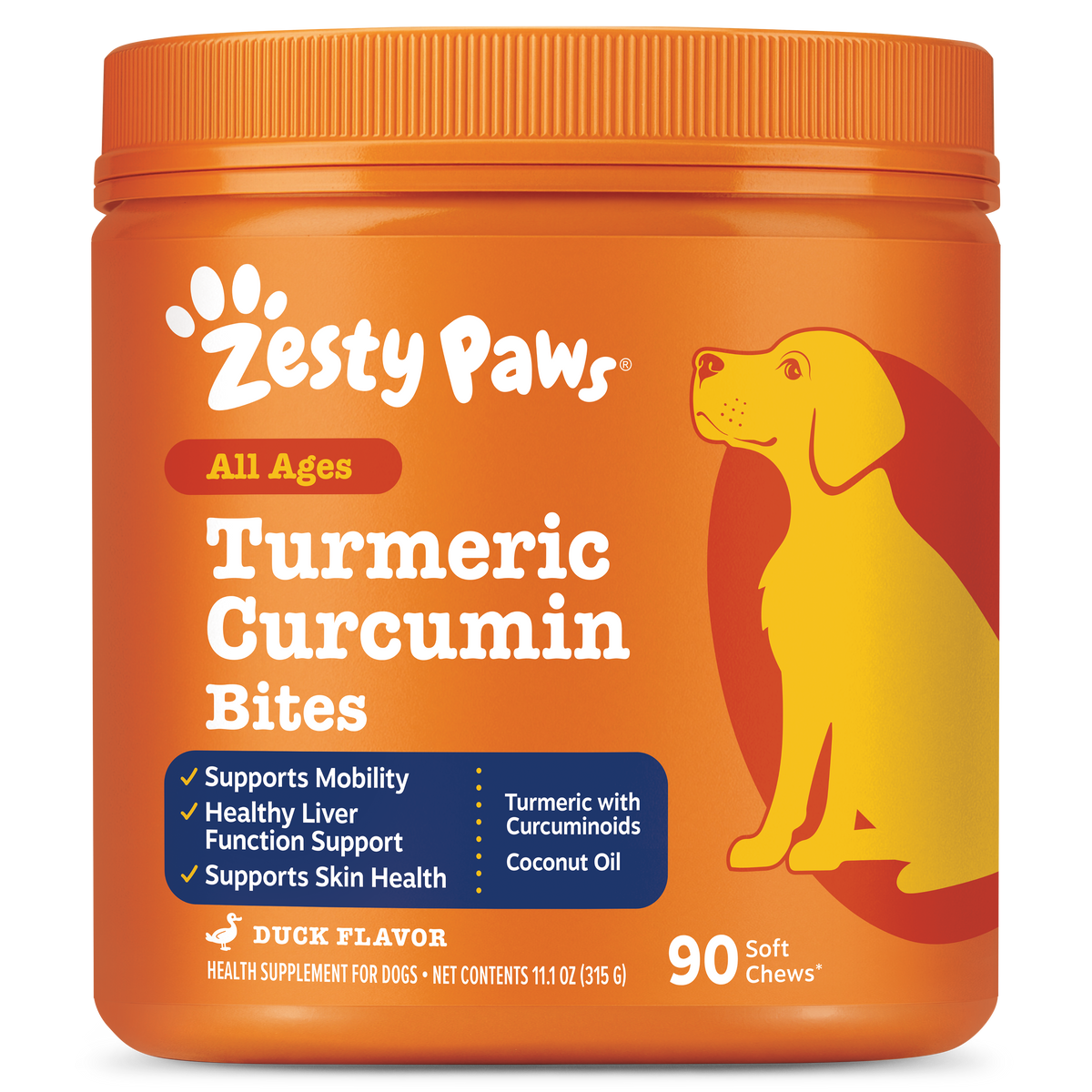 Orange bottle of Zesty Paws Turmeric Curcumin Bites dog supplement with yellow dog illustration and product details.