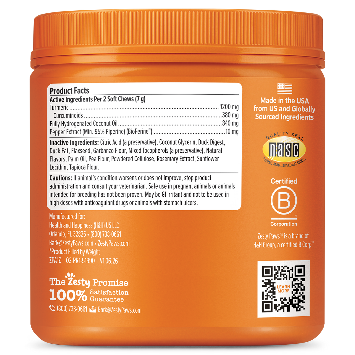 Orange plastic jar with white label listing turmeric curcumin dog supplement facts, ingredients, and B Corp certification bad