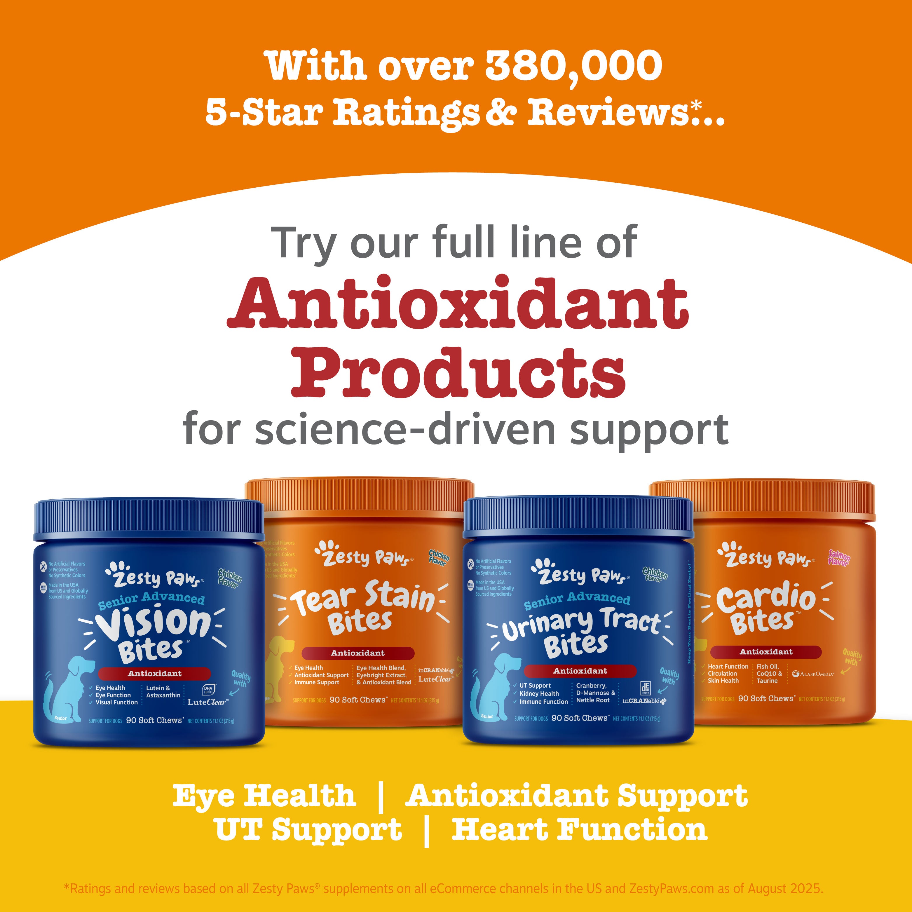 Four bottles of dog supplement bites in blue and orange containers labeled Vision Bites, Tear Stain Bites, Urinary Tract Bite