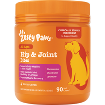 Orange bottle of Zesty Paws Hip & Joint Bites dog supplement with orange cap and yellow dog illustration on label.