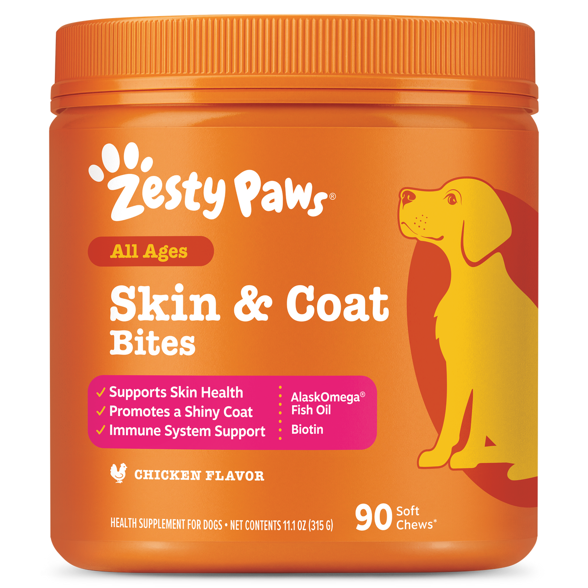 Orange jar of Zesty Paws Skin & Coat Bites dog supplement with yellow dog illustration and red accent bands.