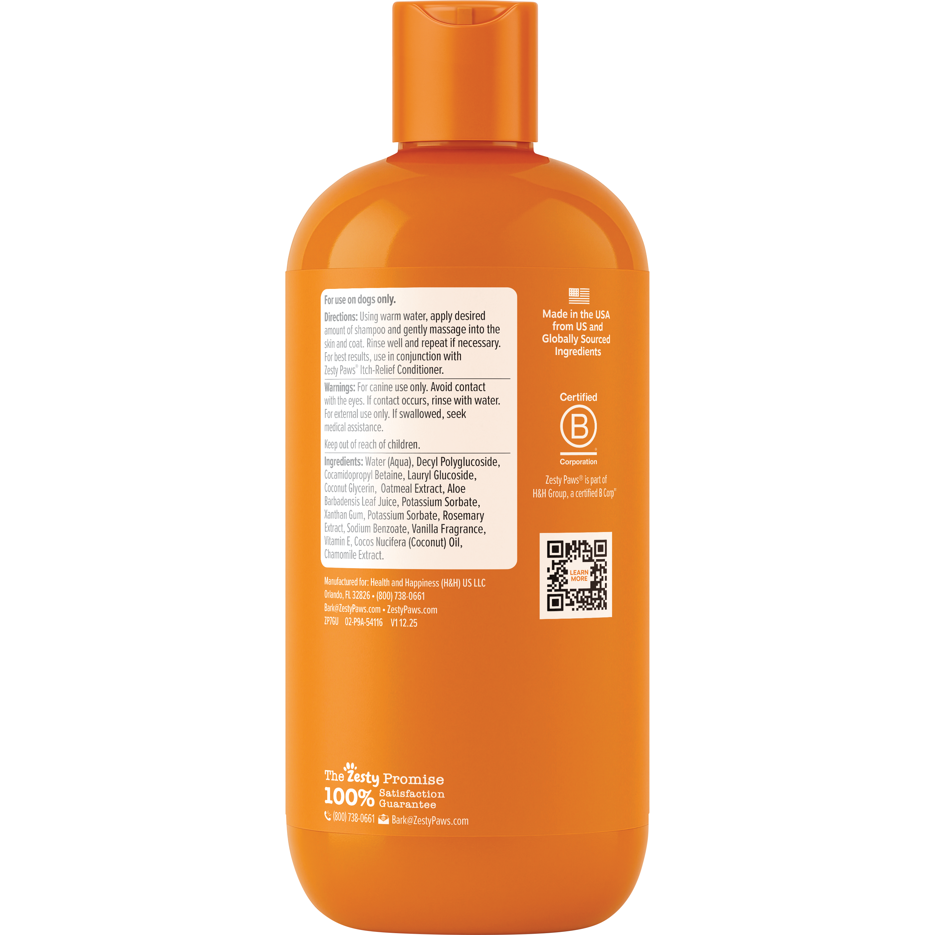 Orange bottle of dog shampoo with cap, ingredient list, and B Corporation certification label on back.