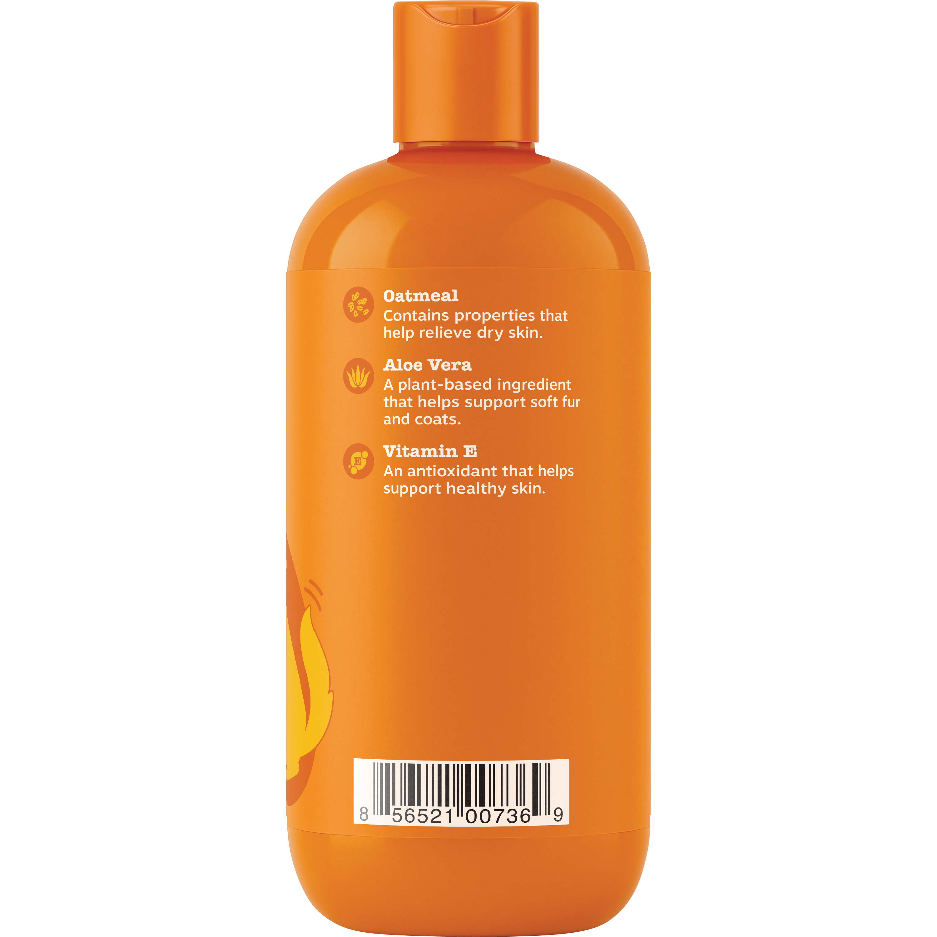 Orange dog shampoo bottle with orange cap and ingredient information on label.