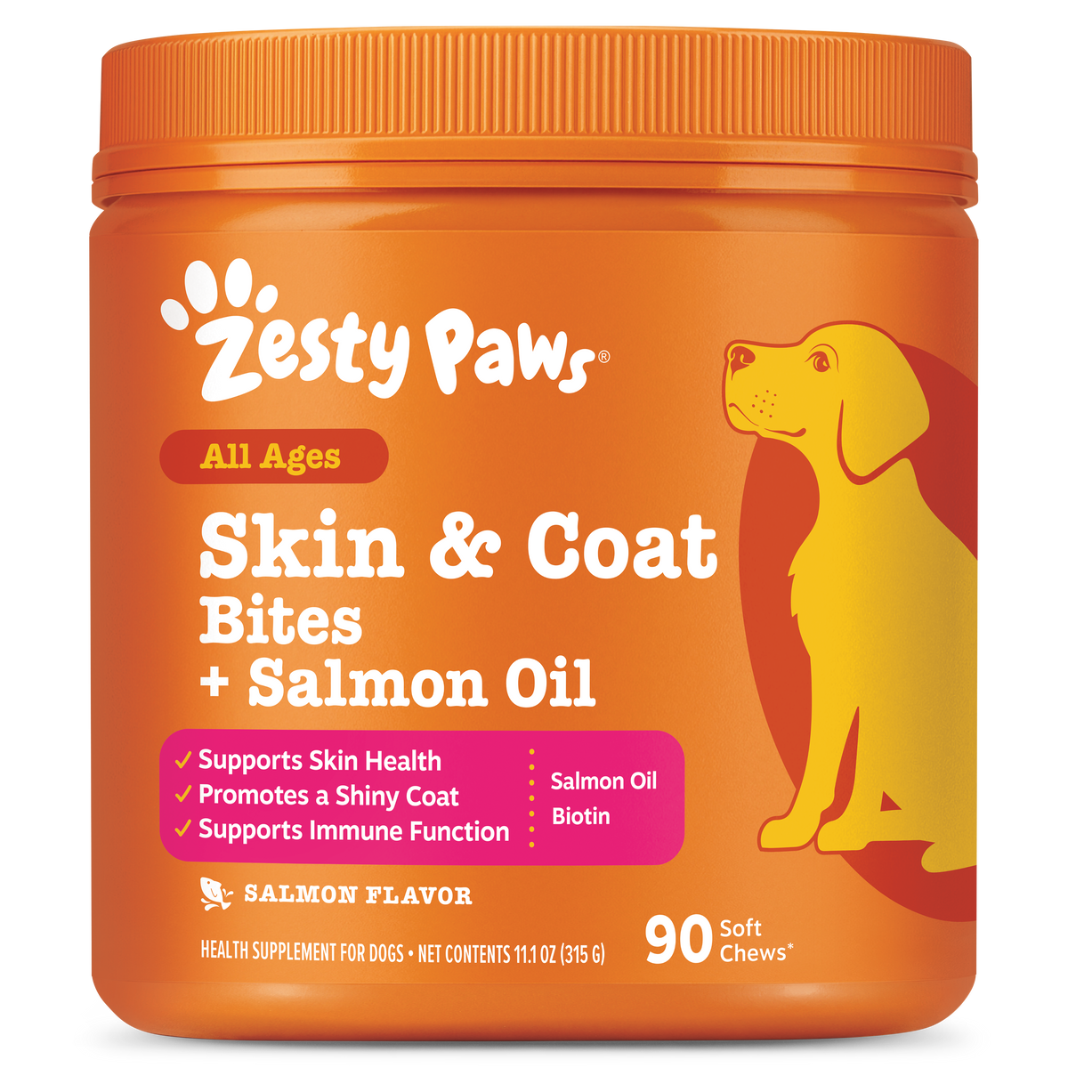 Orange Zesty Paws jar with white paw logo, yellow dog illustration, and pink label listing skin and coat benefits with 90 sof