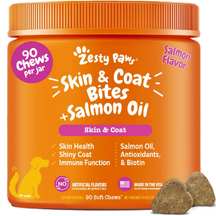 Orange Zesty Paws jar of Skin & Coat Bites with Salmon Oil soft chews for dogs, 90 count, with two chews displayed in front.