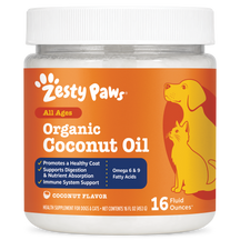 Clear glass jar with white lid containing white coconut oil, orange label with yellow dog and cat illustrations and "Zesty Pa