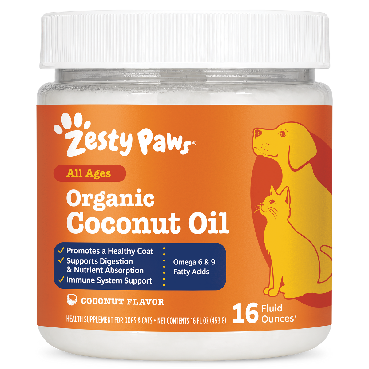 Clear glass jar with white lid containing white coconut oil, orange label with yellow dog and cat illustrations and "Zesty Pa