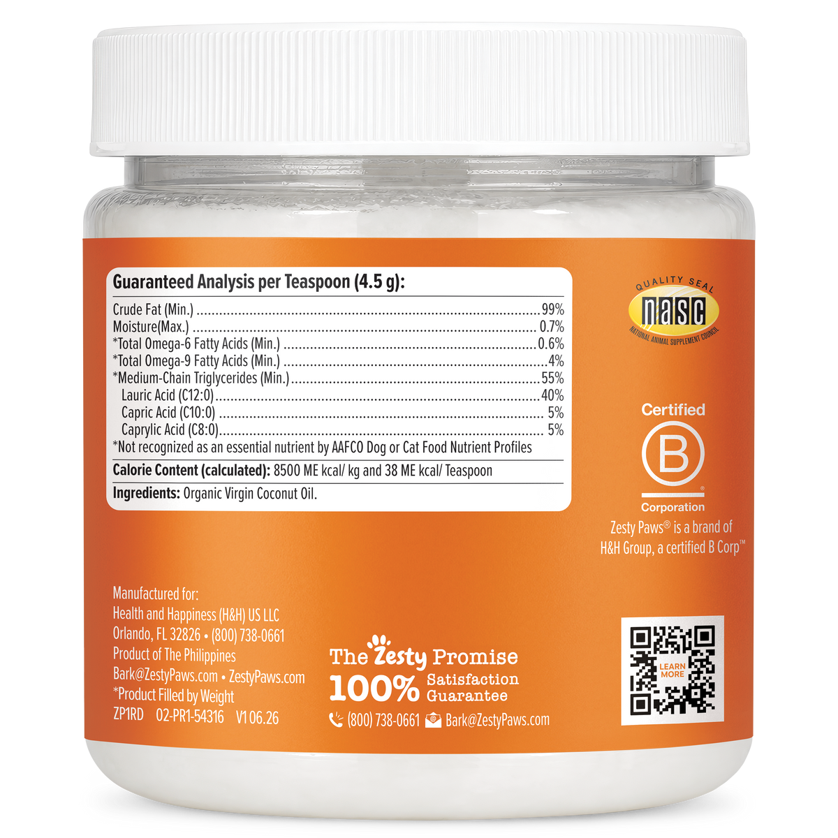 Clear glass jar with white screw-top lid containing white coconut oil, orange label with nutritional information and product 