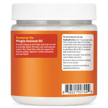 Jar of coconut oil with white lid and orange label containing feeding directions and ingredient information for pets.