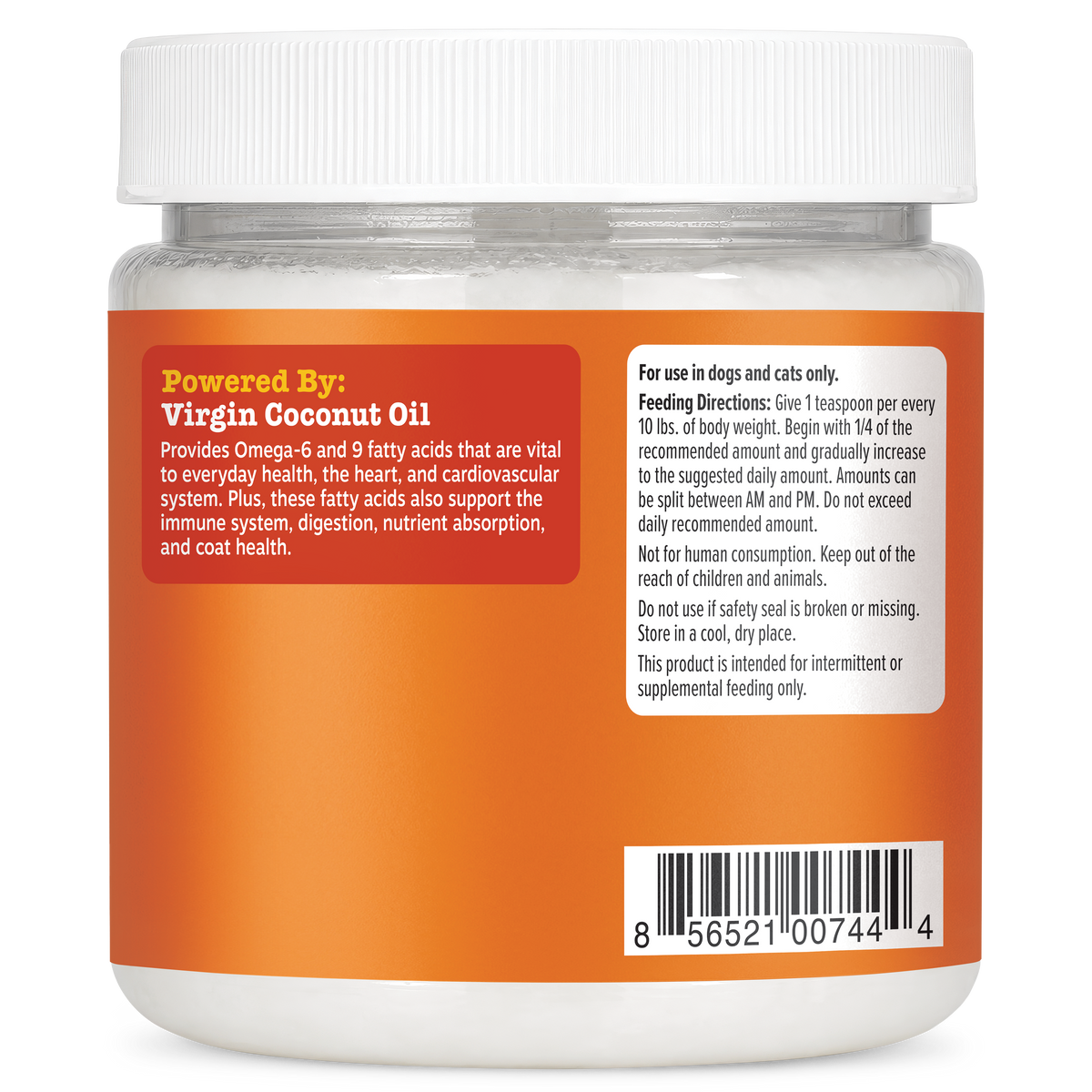 Jar of coconut oil with white lid and orange label containing feeding directions and ingredient information for pets.