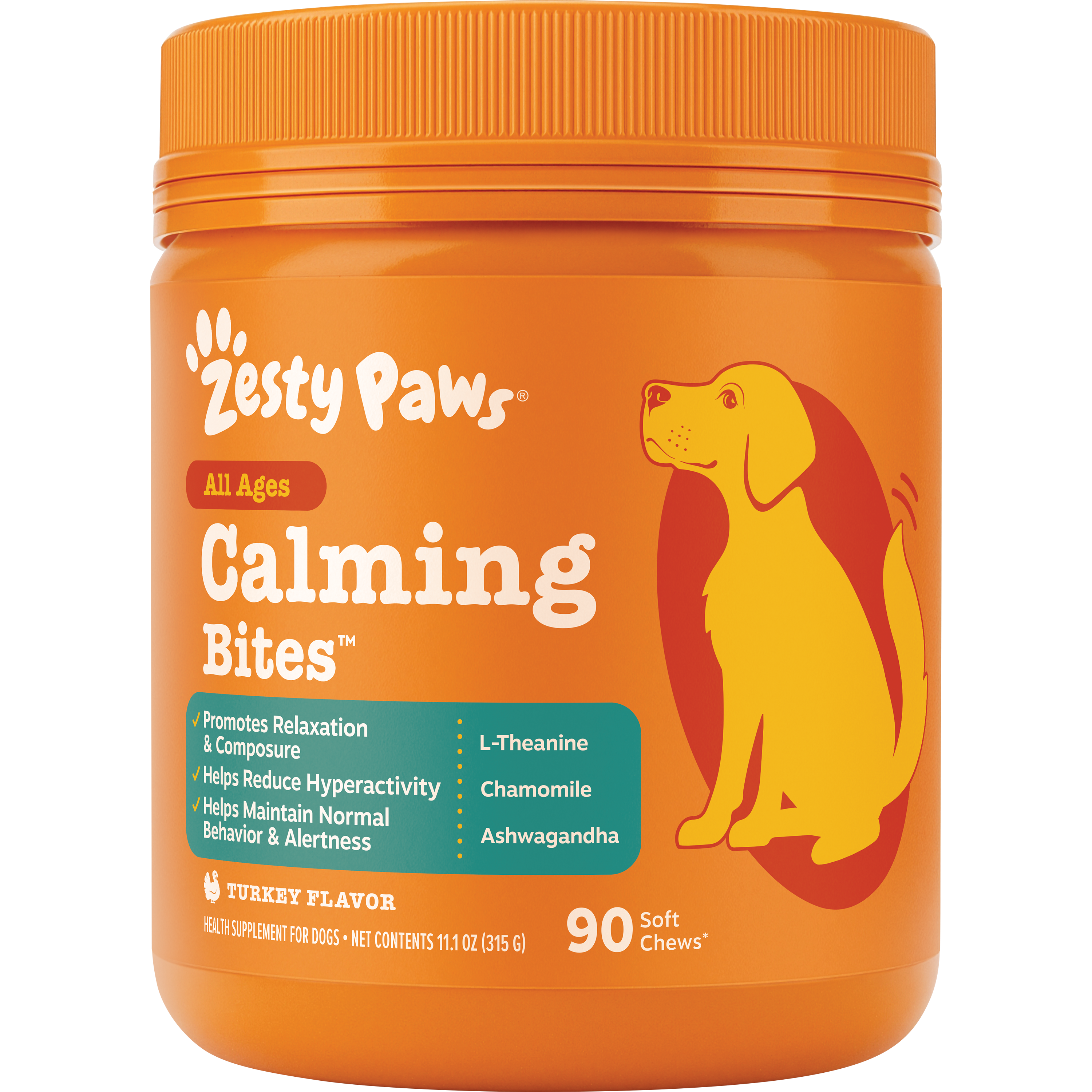 Orange plastic jar of Zesty Paws Calming Bites dog treats with yellow and red dog illustration and orange screw-top lid.