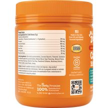 Orange jar with ribbed cap containing dog calming treats, showing product facts label and ingredients list on front.