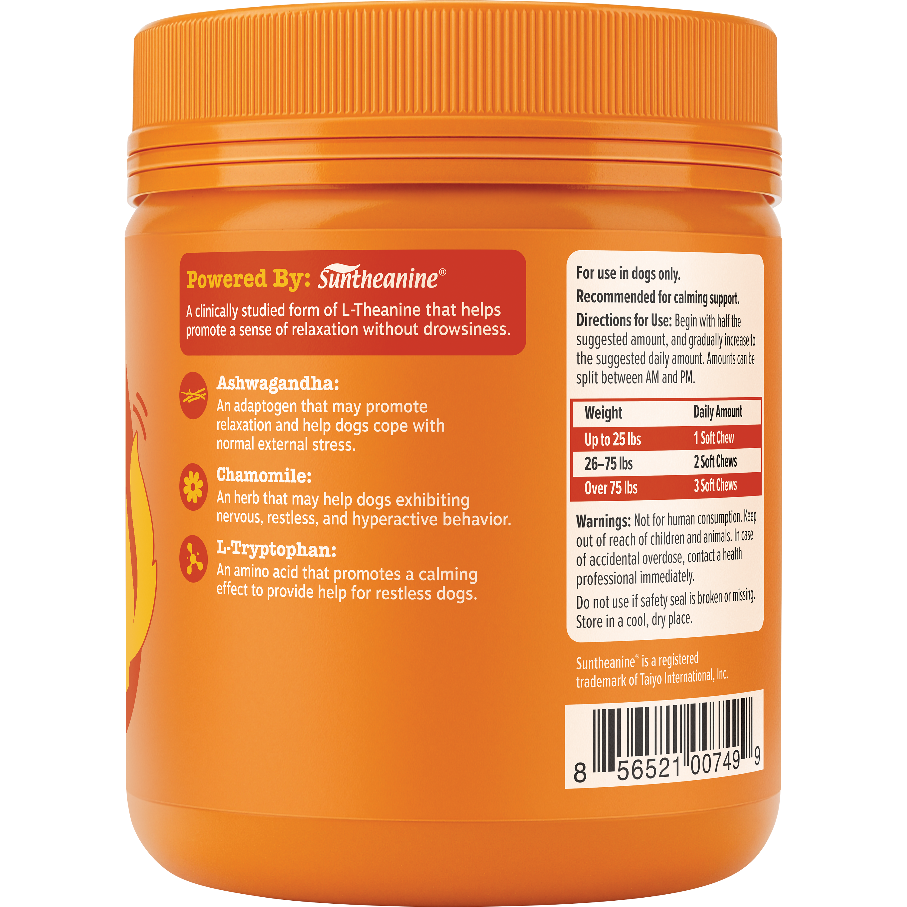 Orange plastic jar with orange ribbed cap containing dog calming bites, labeled with ingredient information and dosage guidel